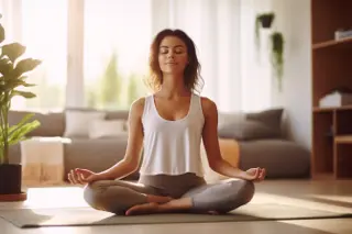 A young woman practicing meditation in a peaceful home environment — enhancing her mental health.