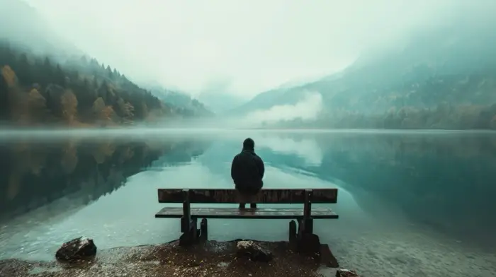 A solitary person sitting on a bench by a misty lake, symbolizing the introspective and challenging journey of getting off Adderall and dealing with withdrawal effects.