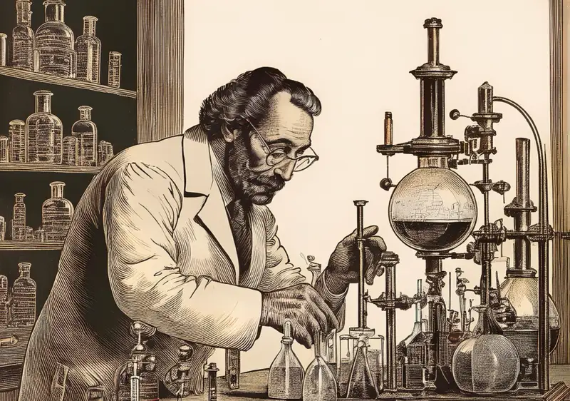 A detailed vintage illustration of a chemist working in a laboratory with various glassware and instruments, symbolizing the scientific development and understanding of benzodiazepines and their effects.