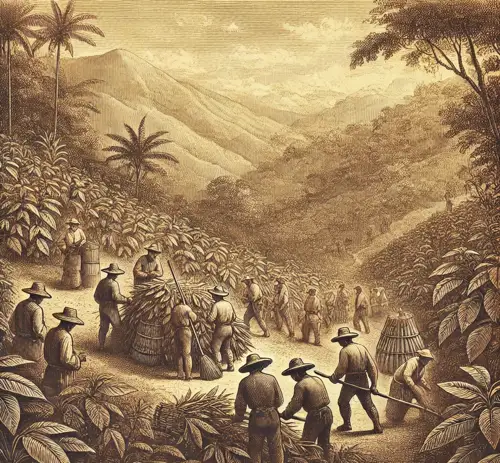 A vintage illustration of workers harvesting coca leaves in a mountainous region, representing the origins and production process of cocaine.