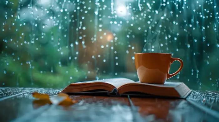 A steaming cup of coffee next to an open book by a rain-soaked window, symbolizing the comfort and reflection provided by family addiction support during outpatient drug rehabilitation.