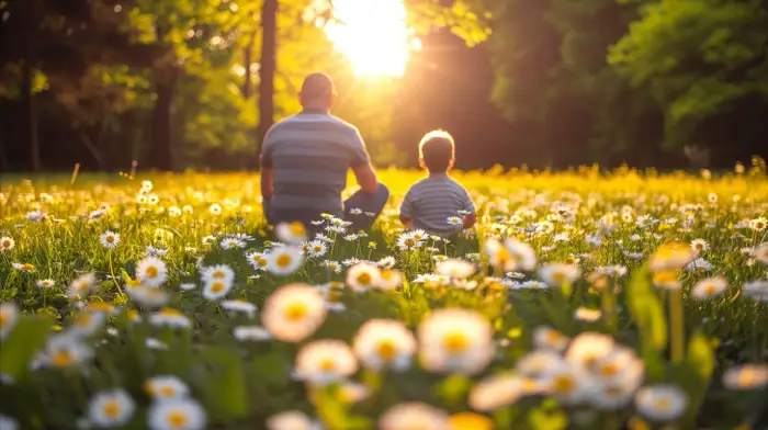 A father and child sitting in a field of flowers, basking in the sunlight, symbolizing the renewal and healing that comes from family addiction therapy during rehabilitation.