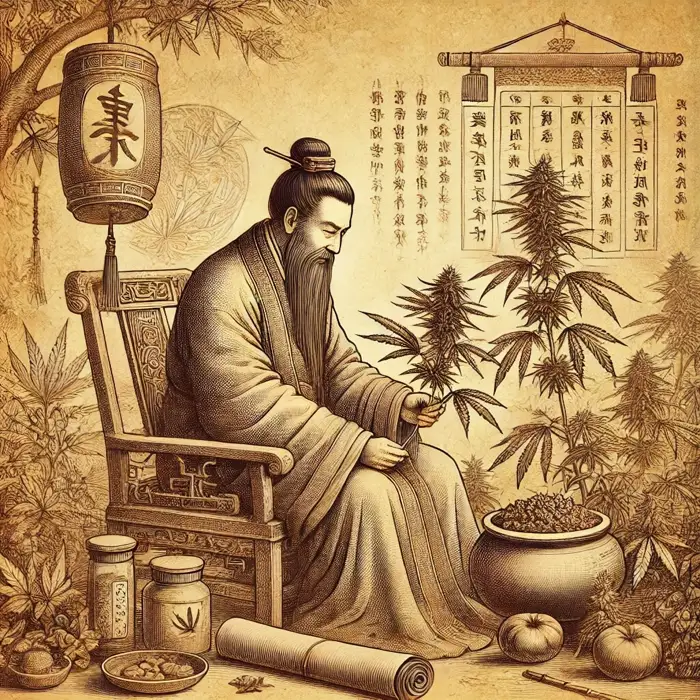 A vintage illustration of an ancient figure studying a cannabis plant, symbolizing the historical use of cannabis in medicine and the origins of THC and CBD.