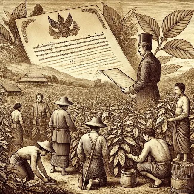 An illustration showing the historical cultivation of kratom in Asia, with a figure reading a large document to workers in a kratom field.