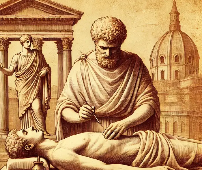 A vintage illustration of an ancient physician performing surgery, symbolizing the historical use of opiates in medicine and pain relief, as well as the origins of narcotic dependence.