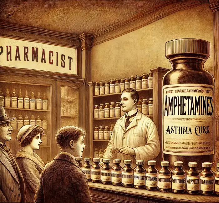 A vintage illustration of a pharmacist dispensing amphetamines, symbolizing the historical use of amphetamines and the origins of stimulant abuse and addiction recovery.