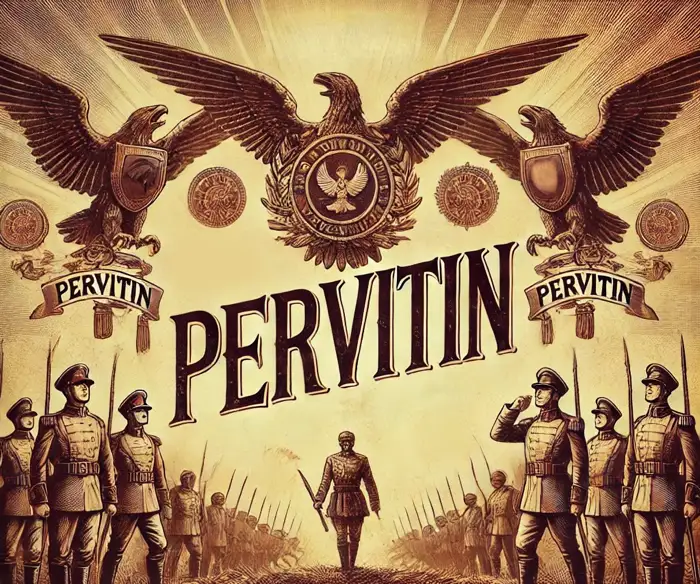 A vintage propaganda-style illustration featuring military imagery and the word "Pervitin," symbolizing the historical use of methamphetamine by the German military and its role in addiction.