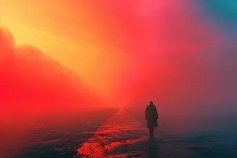 A silhouette of a person walking into a vibrant, colorful fog, symbolizing the journey of recovery, embracing the AA steps, and the path to living sober.