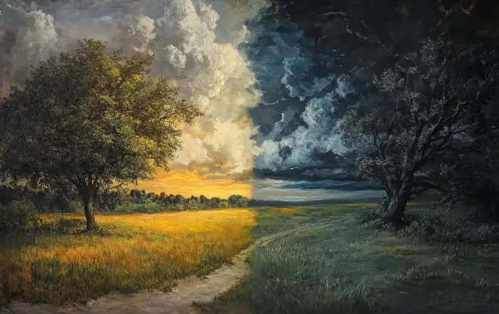 Painting of a dramatic contrast between a stormy sky and a sunlit field, metaphorically representing the journey through benzo detox and recovery.