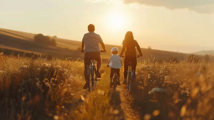 A family riding bicycles together at sunset, symbolizing the journey of recovery and the importance of family involvement in young adult addiction treatment.