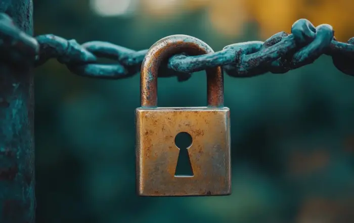 Rusty padlock on a chain, symbolizing the restrictive nature of cocaine addiction and the need for effective treatment to break free.