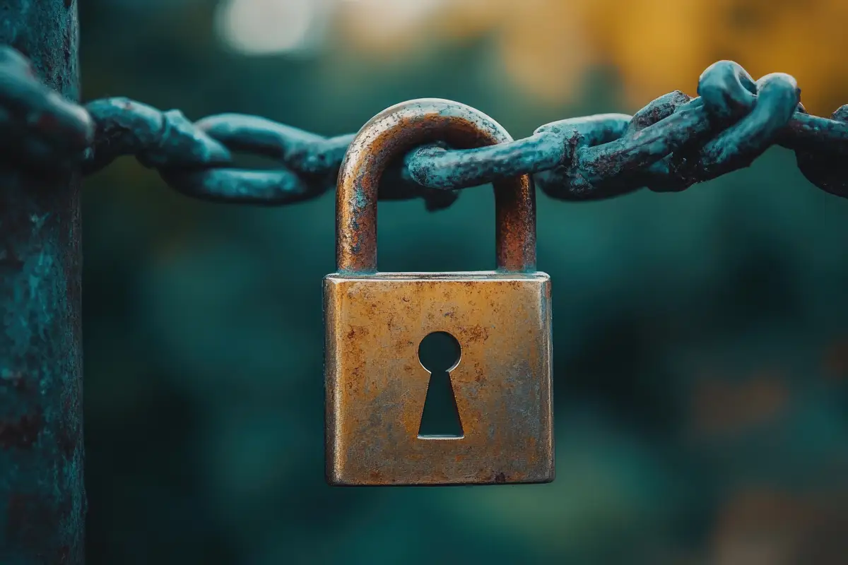 Rusty padlock on a chain, symbolizing the restrictive nature of cocaine addiction and the need for effective treatment to break free.