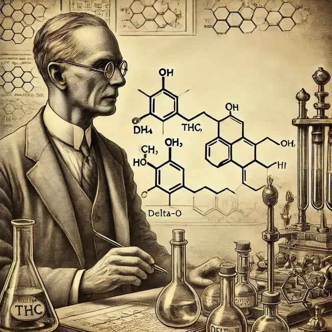 A vintage-style illustration of a scientist studying Delta-8 THC, with a molecular diagram, symbolizing research into Delta-8's safety, anxiety effects, and withdrawal challenges.