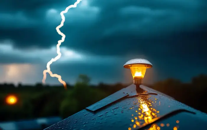 A lamp glowing during a stormy night with a lightning strike in the background, symbolizing the challenges and side effects of quitting marijuana.