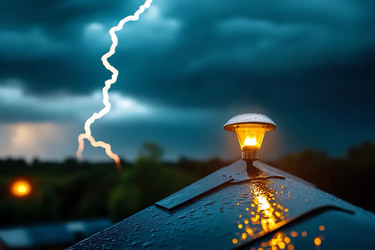 A lamp glowing during a stormy night with a lightning strike in the background, symbolizing the challenges and side effects of quitting marijuana.