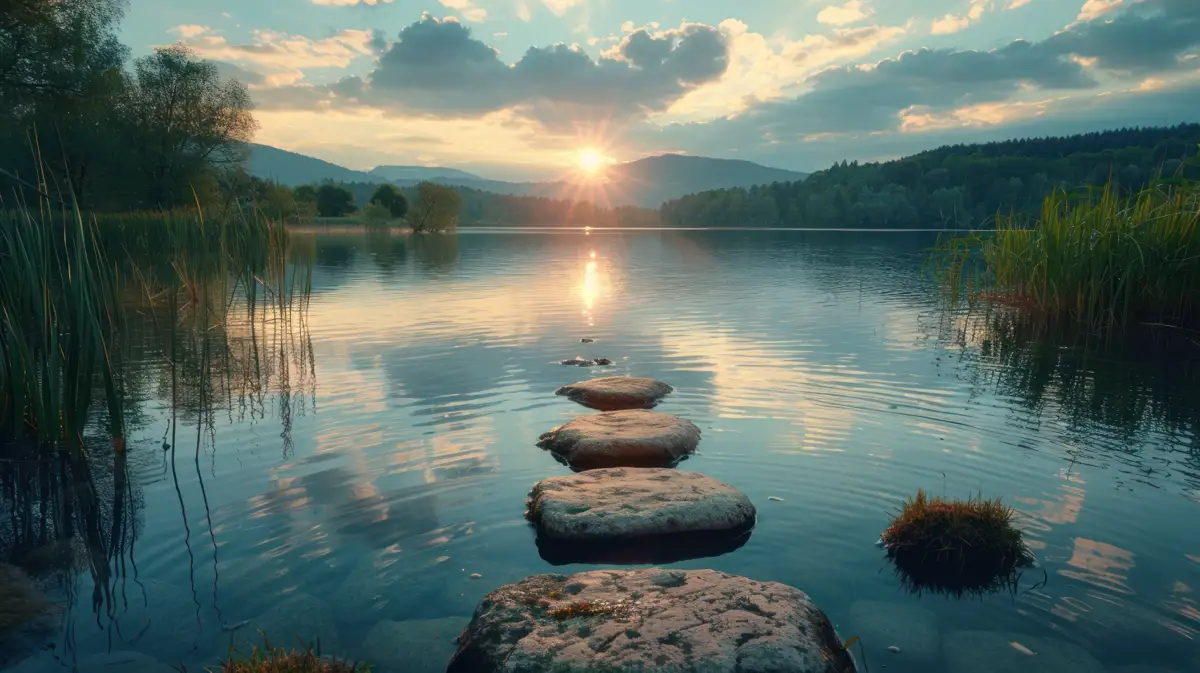 Sunset over a tranquil lake symbolizing peace and renewal, representing the benefits of stopping drinking and getting sober.