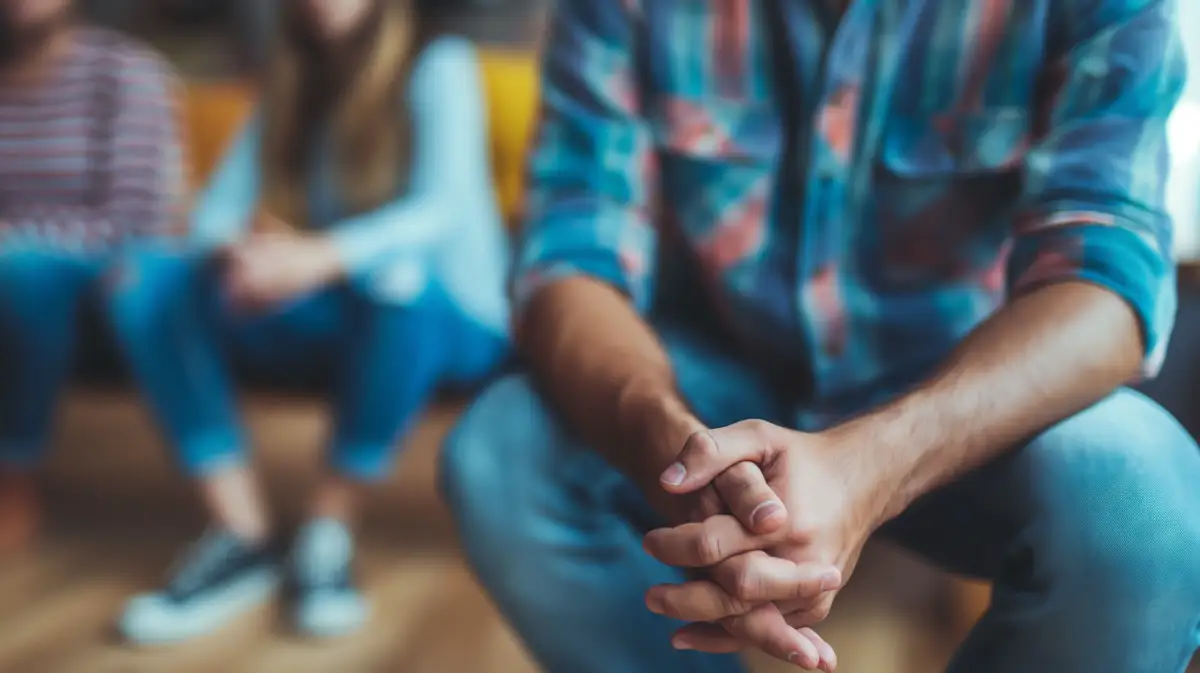 Close-up of a man's clasped hands in a support group, reflecting the struggle and support during narcotic withdrawal and recovery from opiate addiction.