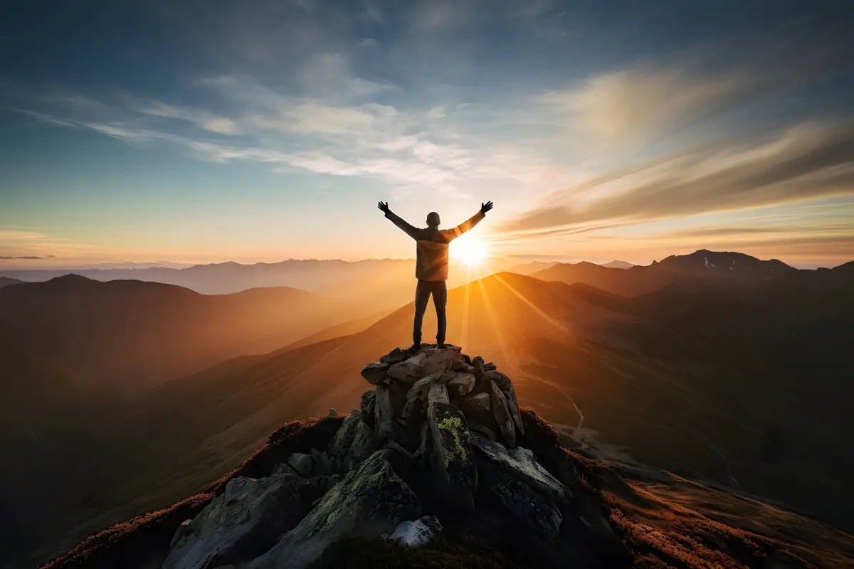 Person with arms raised on a mountain summit at sunrise, symbolizing emotional stability and mental clarity achieved from quitting weed.