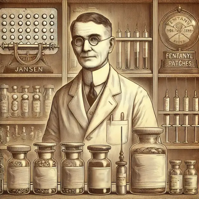 A vintage illustration of a pharmacist with various vials and a fentanyl patch, symbolizing the study and treatment of fentanyl addiction and dependence.