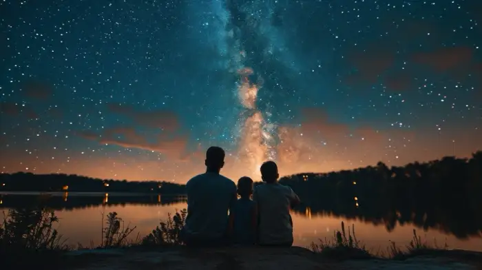 A family sitting by a lake under a starry sky, symbolizing the journey of recovery and the crucial role of family support in young adult addiction treatment.