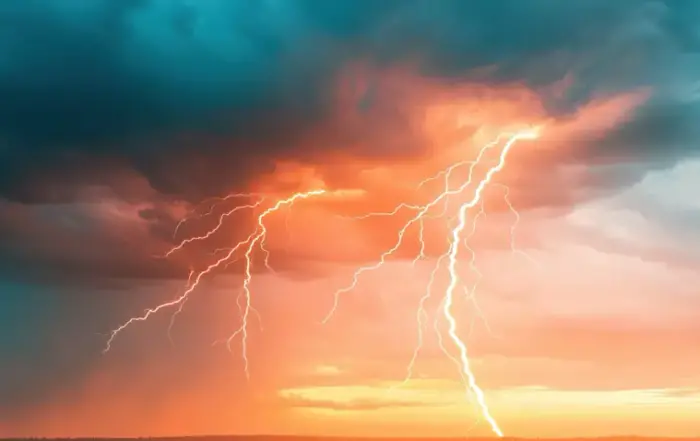 A lightning strike during sunset, symbolizing the intense impact of speed addiction and the need for rehab.