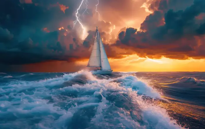 A sailboat caught in a storm with lightning, symbolizing the anxiety and challenges associated with Delta 8 use.