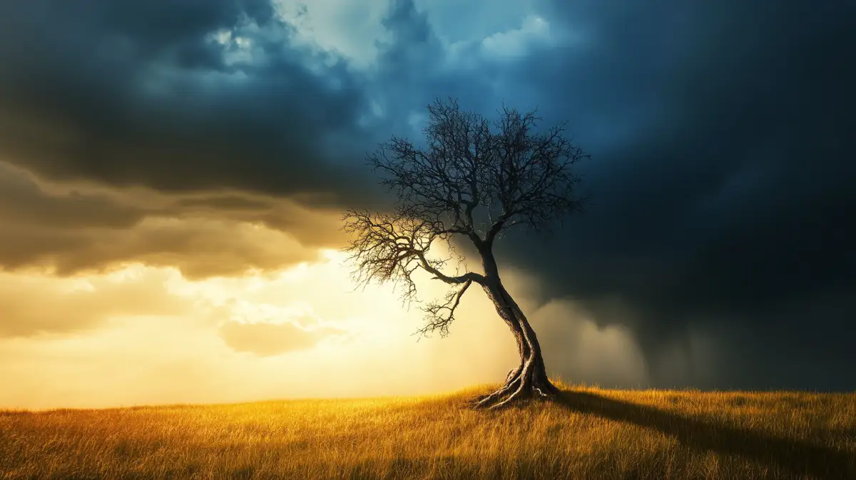 A solitary tree under a sky split between sunlight and storm clouds symbolizes the journey through alcohol recovery and the benefits of giving up alcohol.